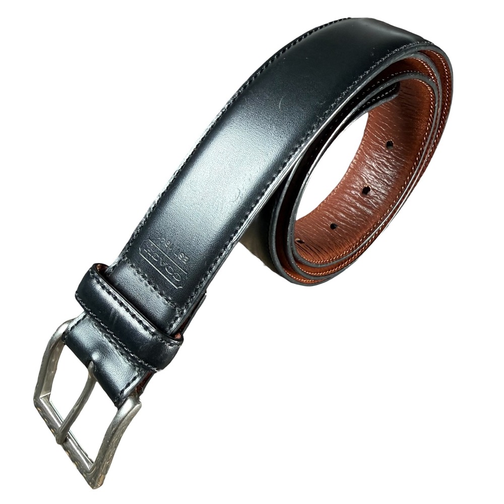 Coach Calfskin Leather Belt Men 34 Black Solid Brass Buckle Stitched Classic